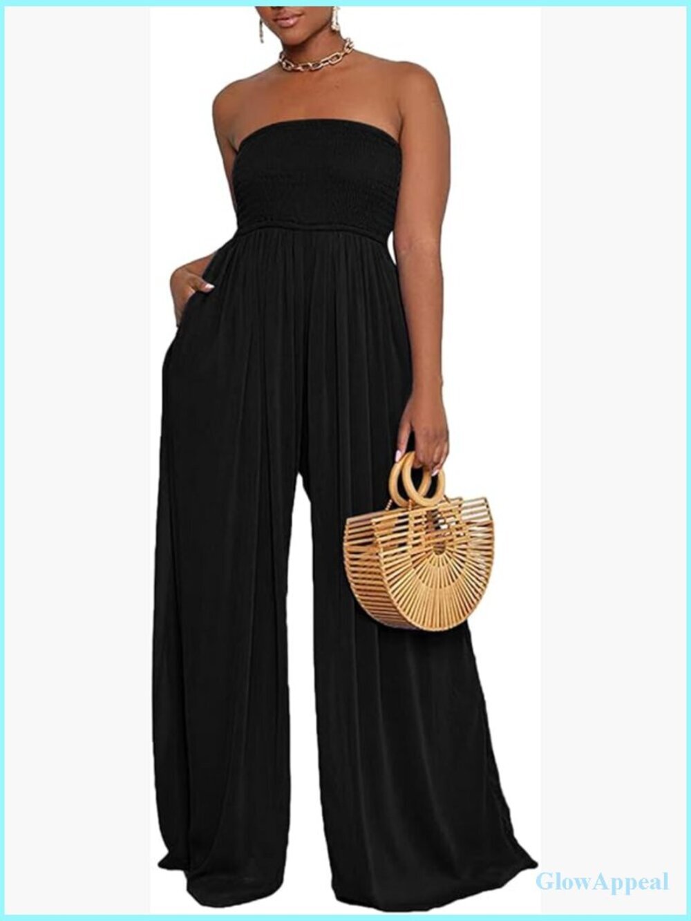 Strapless Wide Leg Jumpsuit with Pockets Smocked Loose